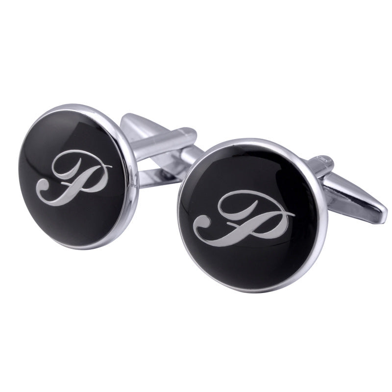 French Cufflinks black round Enamel Traditional letter Cufflinks 8102265965807