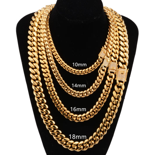 8-18mm wide stainless steel cuban Miami chains necklaces CZ Zircon box lock big heavy gold chain for men Hip Hop Rock jewelry - HD Wireless Product #1