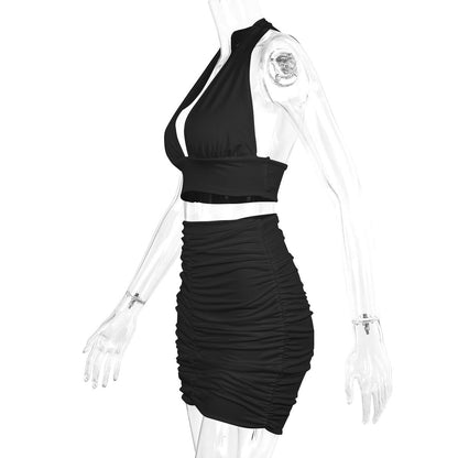 2pcs Dress Suits For Women Halter Lace-up Hip Top And Pleated Hip-covering Skirt - HD Wireless Product #4
