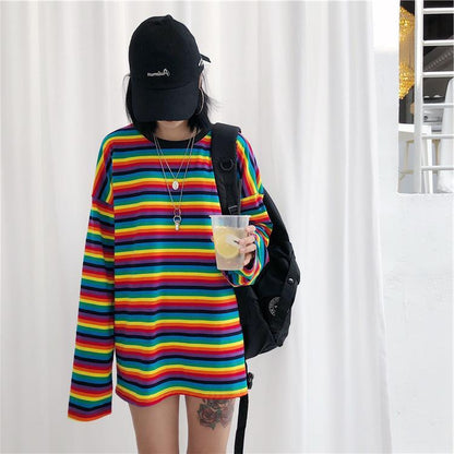 Cute girl rainbow stripes loose wild long-sleeved T-shirt 8257538042520