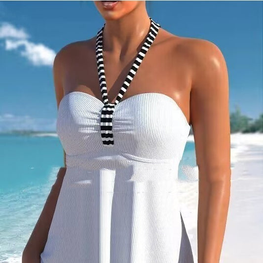 Solid Color Black And White Striped Off-shoulder Swimsuit Suit 83920939 d713 4c77 9604 8d62fea6473d