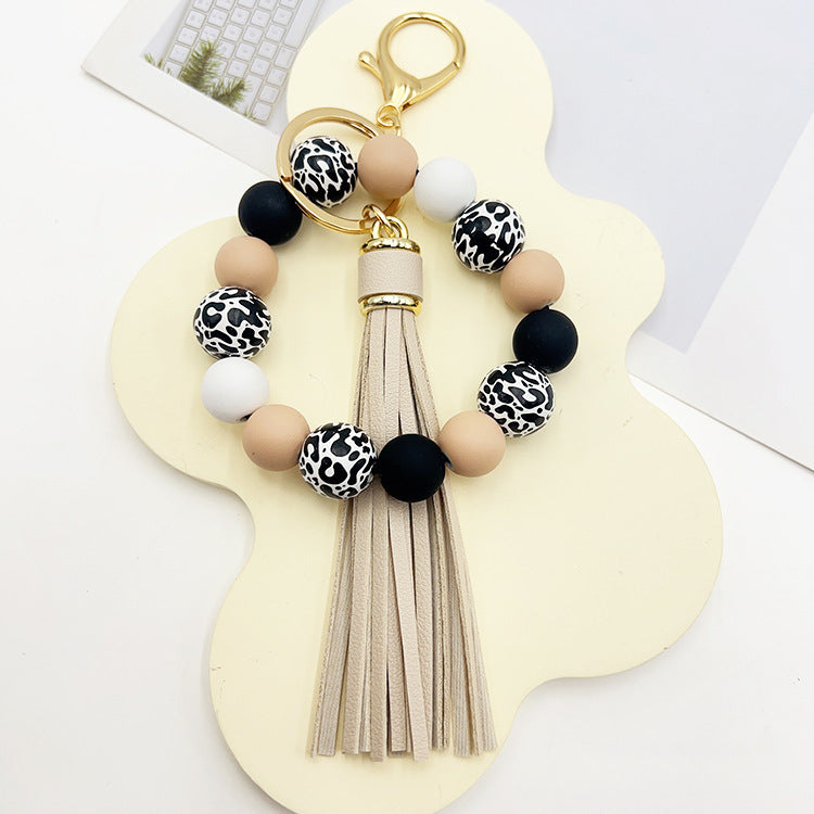 Black Leopard Print White Background Wooden Bead Keychain 842039c4 fc03 4147 8cc5 252d5b2c2b8c