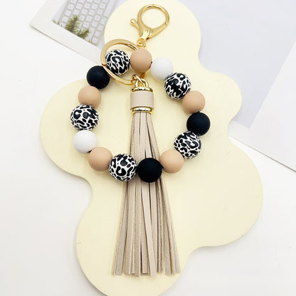 Black Leopard Print White Background Wooden Bead Keychain 842039c4 fc03 4147 8cc5 252d5b2c2b8c