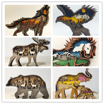 Christmas Decoration Wooden Animal Carving Handcraft Gift Wall Hanging Sculpture 3D Bear Deer Elk Art Decor New Year Ornament