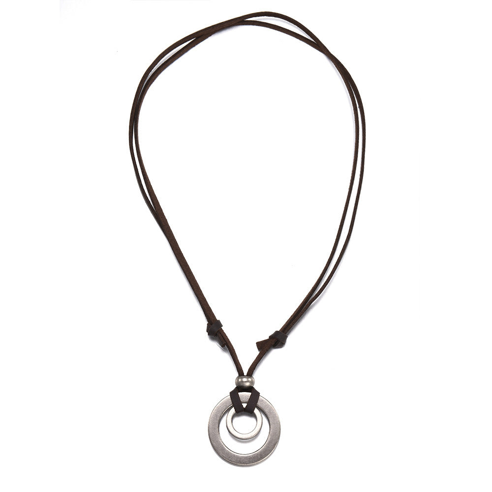 Double circle hollow leather cord necklace 848986642395