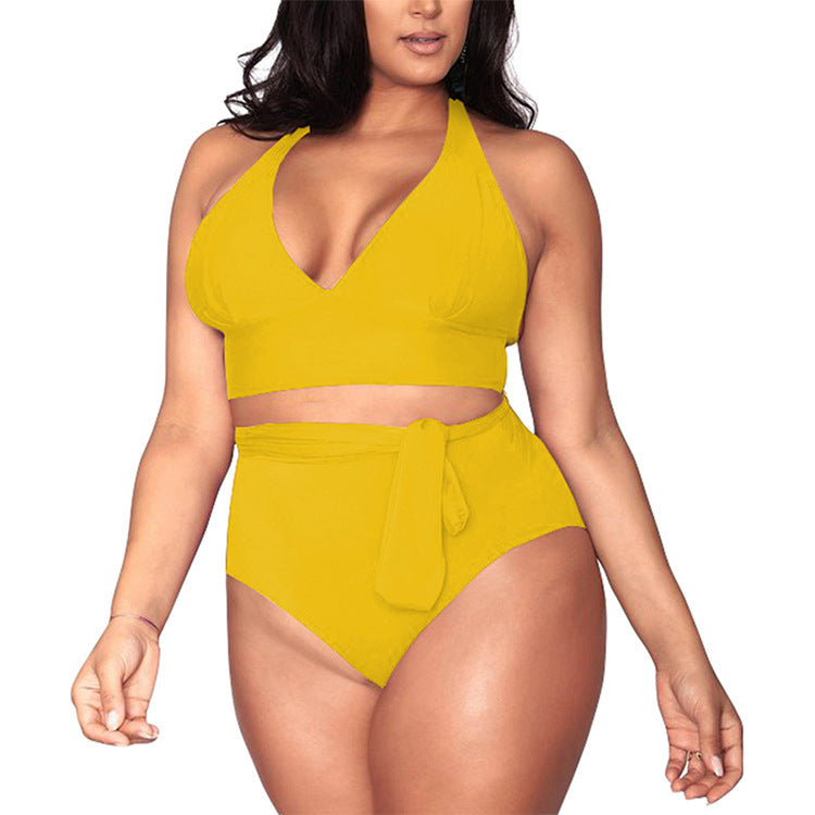 Split large size straps sexy bikini multi-rope belt deep V high waist swimsuit women 849351284365