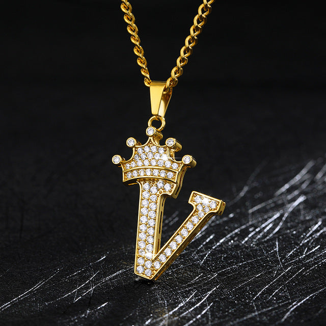Crown Pendant Stainless Steel Letter Necklace 8656507727097
