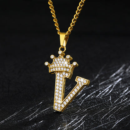 Crown Pendant Stainless Steel Letter Necklace 8656507727097