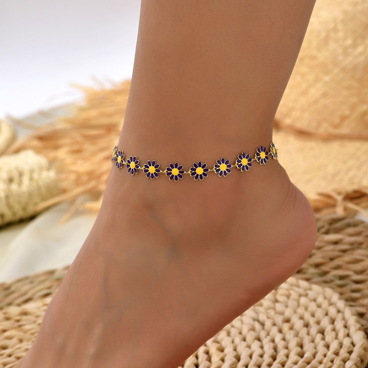 Oil Dripping Little Daisy Imitation Pearl Handmade String Flower Anklet 86ae4a69 2094 4dc2 9ad4 8cf02ed09b76
