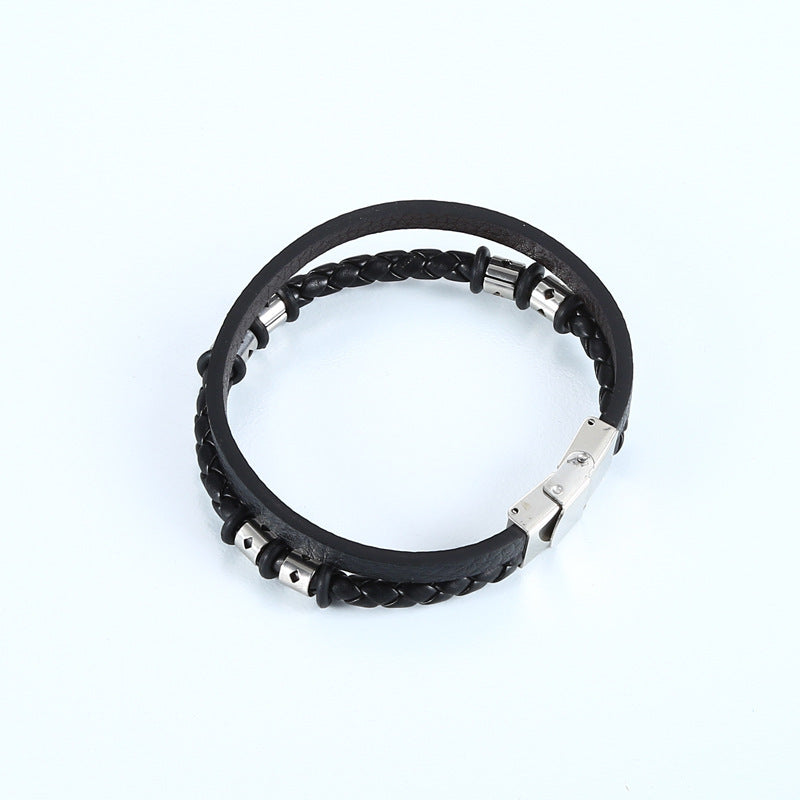 Stainless Steel Woven Leather String Couple Bracelet 8783c542 aa85 4c21 84ac 47848100f126