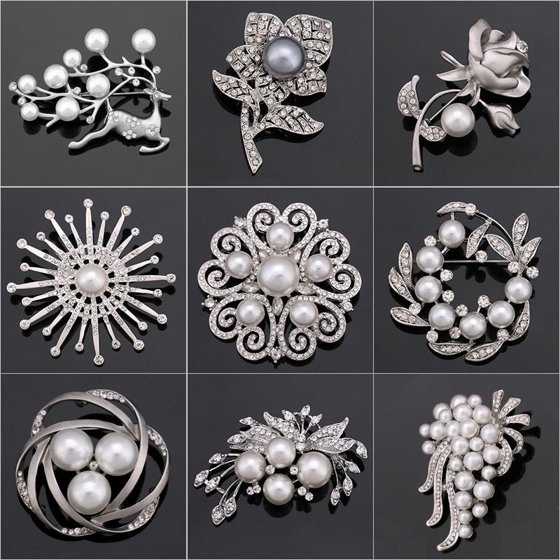 Rhinestone Pearl Brooch Pin 879514783444