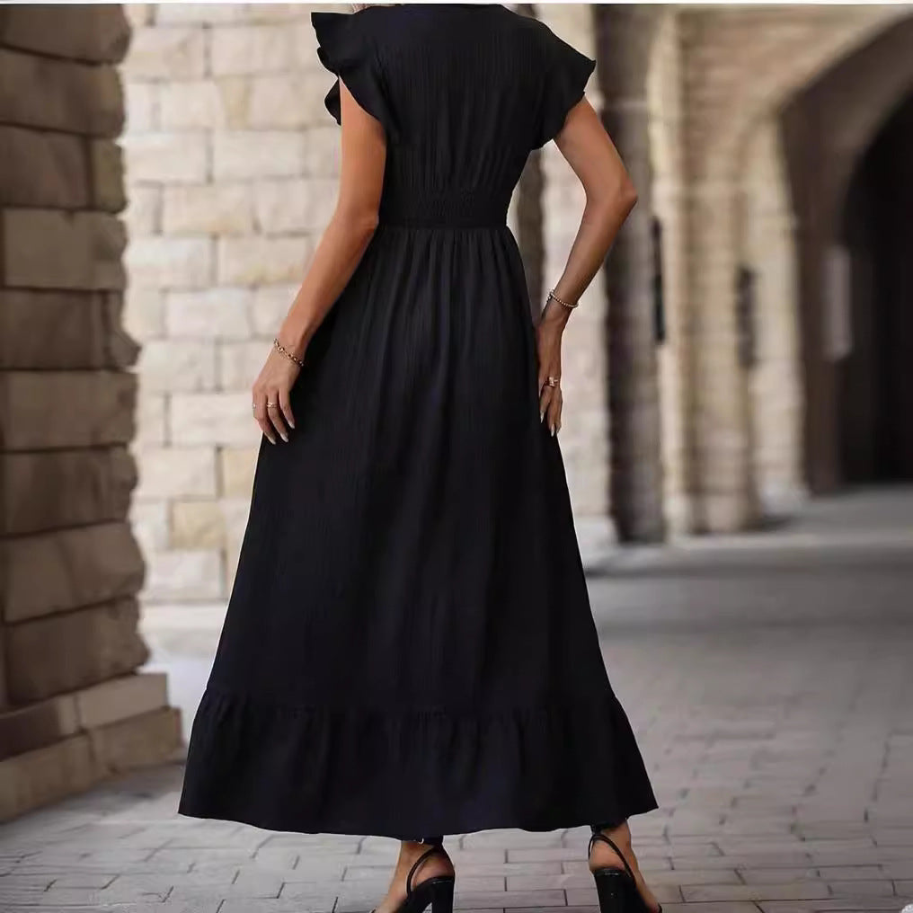 V-neck Ruffled Sleeve Solid Color Dress Leisure Vacation A- Line Skirt 87981893 a49b 47ea 85a8 a3c118b942bd