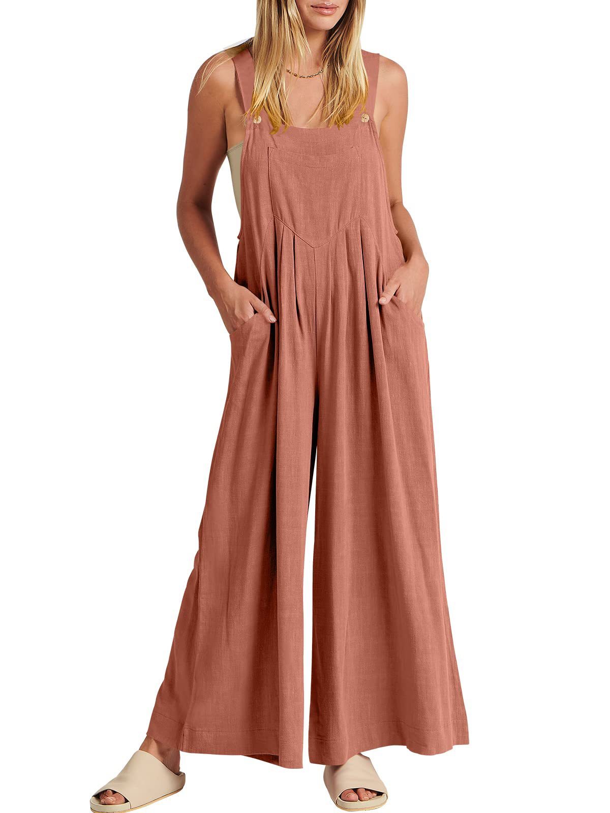 Women's Solid Color Loose Casual Cotton And Linen Suspender Jumpsuit 879c2538 565f 4fb8 adc2 7e2281923c1e
