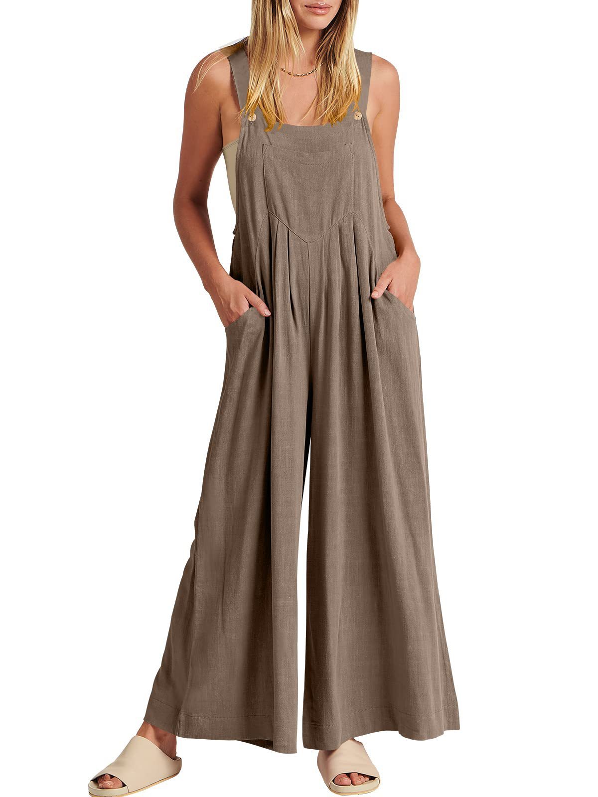 Women's Solid Color Loose Casual Cotton And Linen Suspender Jumpsuit 87ef5fbb 28d5 4b33 baac 494cffbfca15