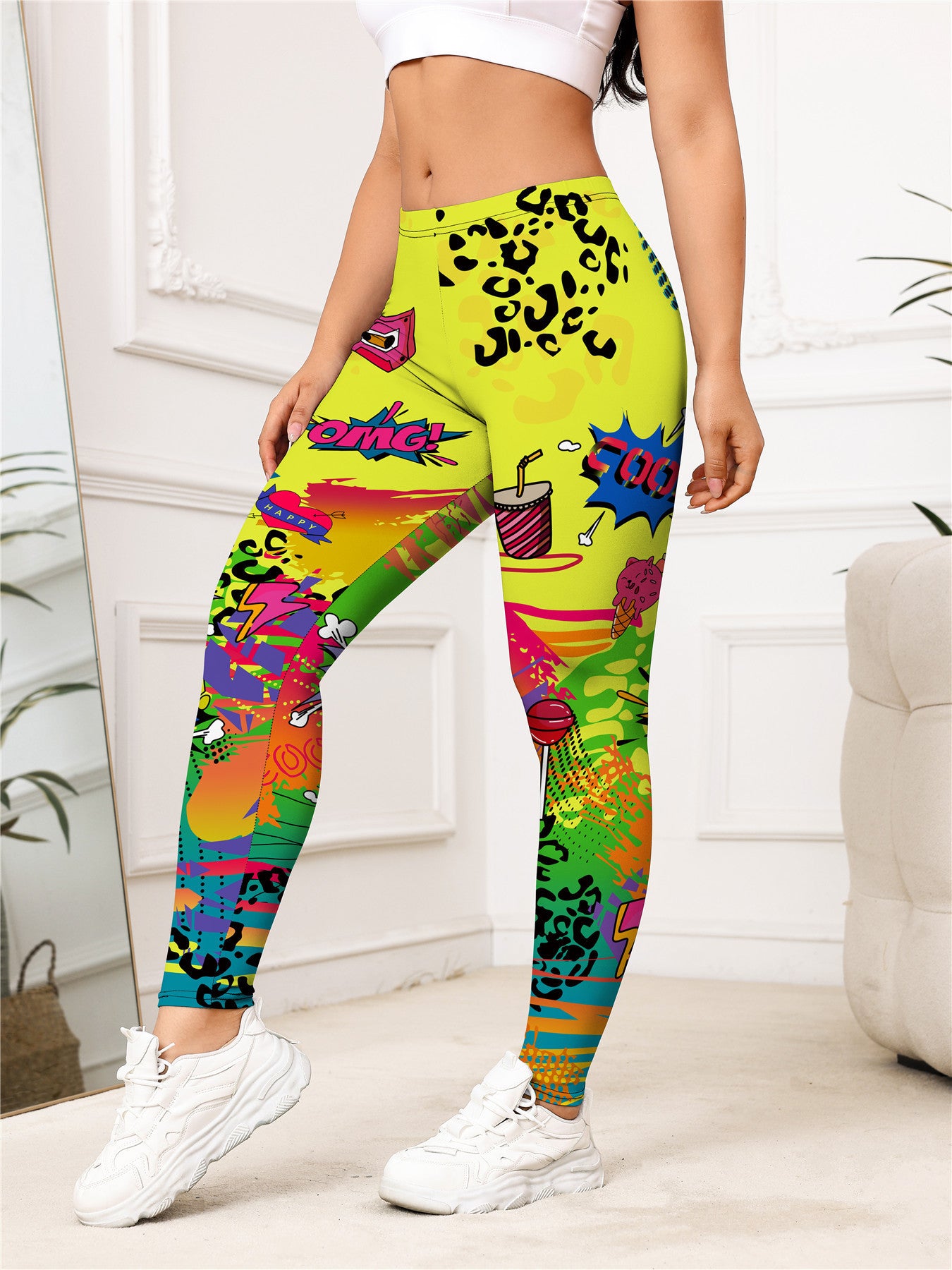 Yellow Cartoon Printed Sports Slim-fitting Leggings 885280cc a173 45f1 ab38 75c25821df79