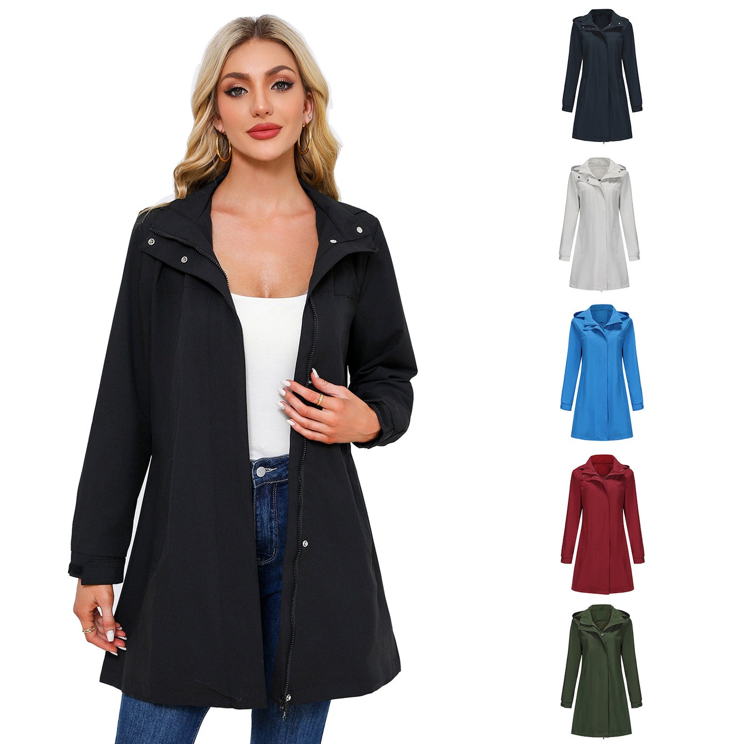 Removable Cap Waterproof Windbreaker Women's Solid Color 88ee3212 027a 4e4d 9550 f26e8f03b582
