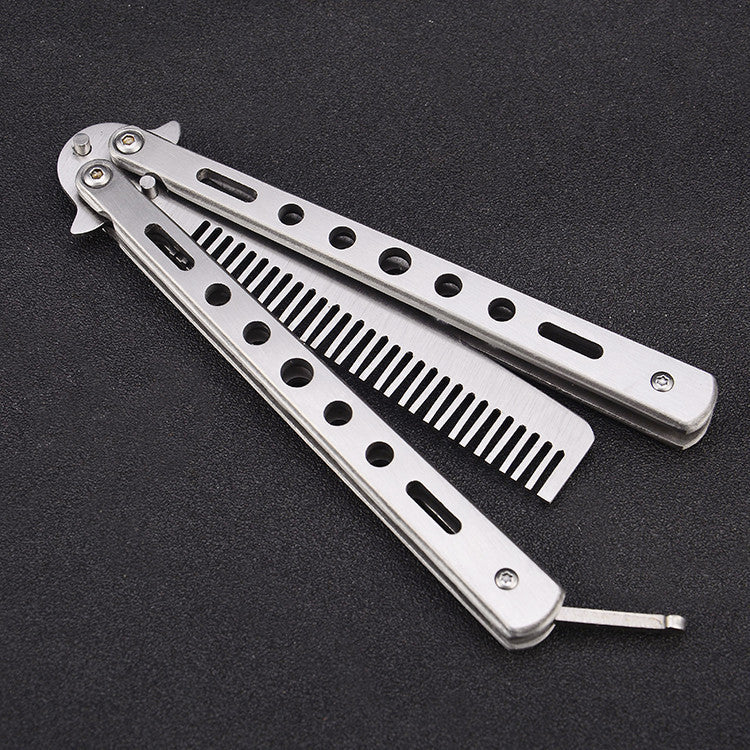 Outdoor Foldable Comb Stainless Steel Practice Training Butterfly Knife Comb Beard Moustache Brushe Salon Hairdressing Hair S