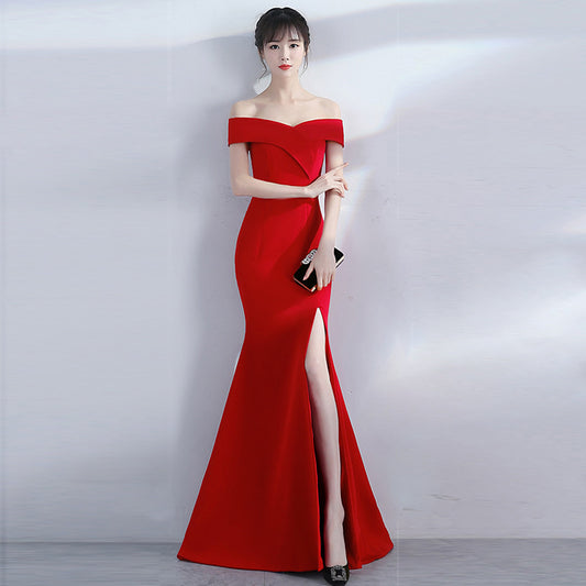 Banquet evening dress word-shoulder fishtail dress 897018568419