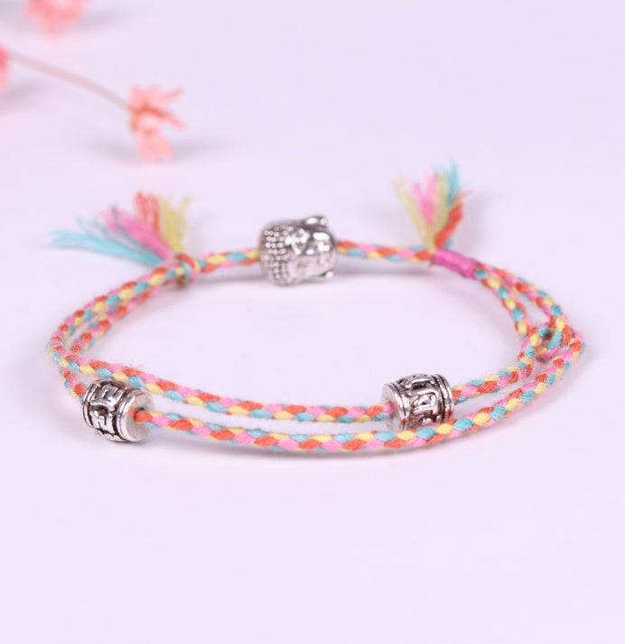 Hand-woven colorful lucky rope bracelet adjustable silver Buddha head double simple bracelet 897149419924