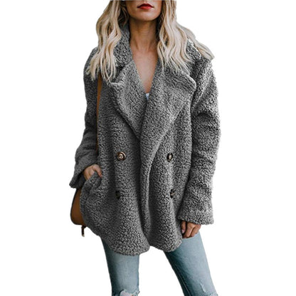 Autumn and Winter Women's Plush Button Lapels Pocket Coat Shirt 899042749297