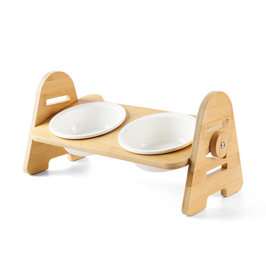 Cat Bowl Solid Wood Ceramic Double Bowl Oblique Mouth Pet Bowl Protecting Cervical Spine Cat Food Bowl Cat Food Bowl 89962661