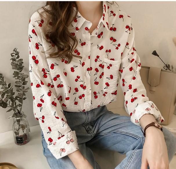 Women's Long-sleeved Shirt Loose Sweet Cherry Printed 89bd9d4b cb53 4e0d a99f d26912766e86