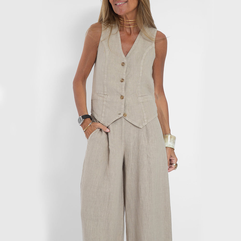 Summer Vest Suits V-neck Botton Sleeveless Top And Loose Straight Trousers Casual Womens Clothing
