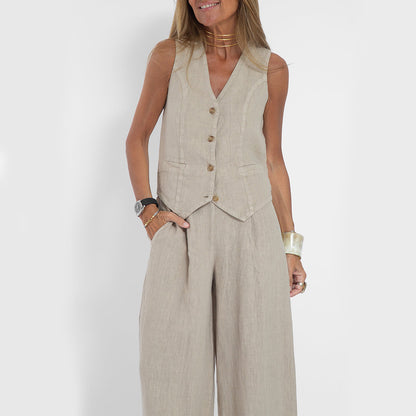 Summer Vest Suits V-neck Botton Sleeveless Top And Loose Straight Trousers Casual Womens Clothing