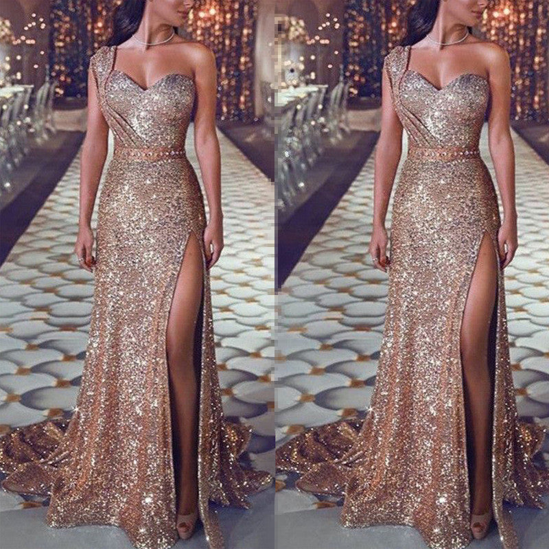 Women's Clothing One-shoulder Sleeveless Bronzing Split Dress 8af2458f 745b 490c 94be cabf9165ac7a
