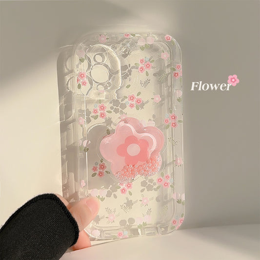 Crushed Flower Flowing Sand Stand Phone Case Transparent - 图片 1