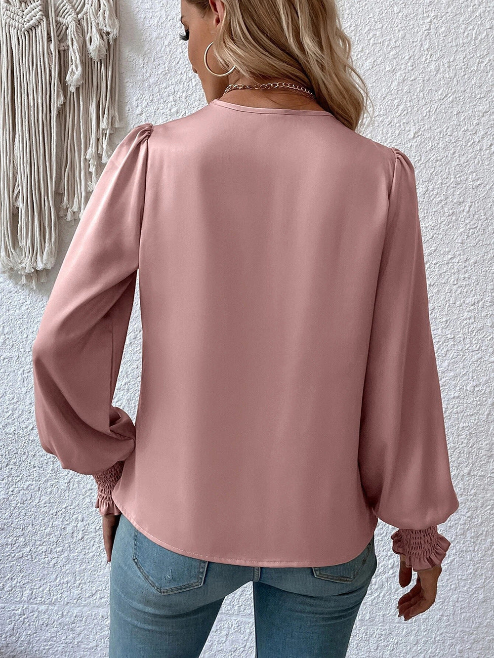 Women's Elegant Women's V-neck Lantern Sleeve Style Solid Color Shirt 8b6cbadb b20c 4824 921e 8ca4bc298ca3