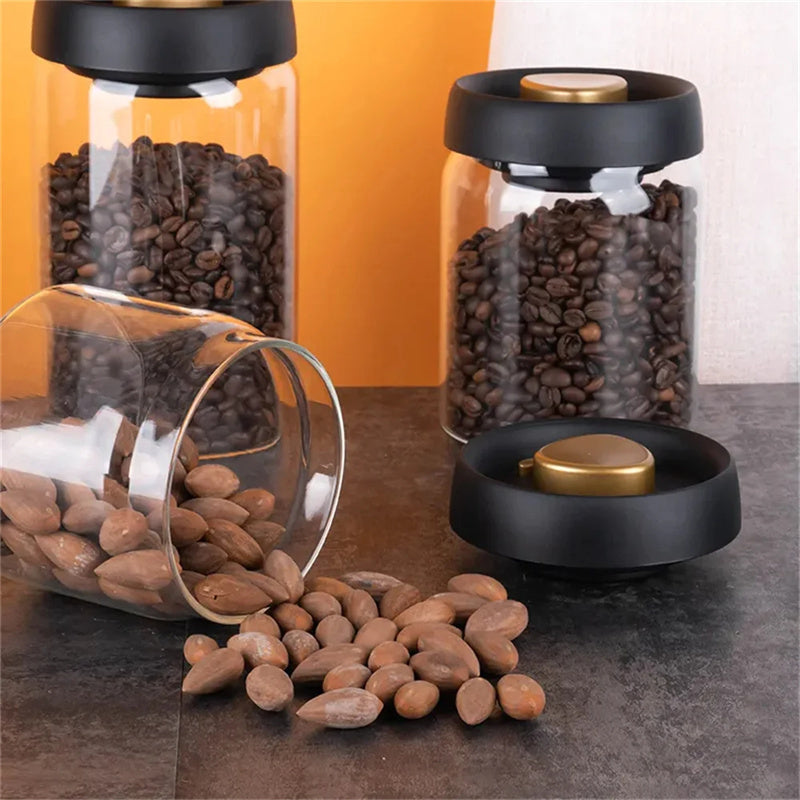 Vacuum Sealed Jug Set Black Coffee Beans Glass Airtight Canister Kitchen Food Grains Candy Keep Good Storage Jar Set Kitchen 
