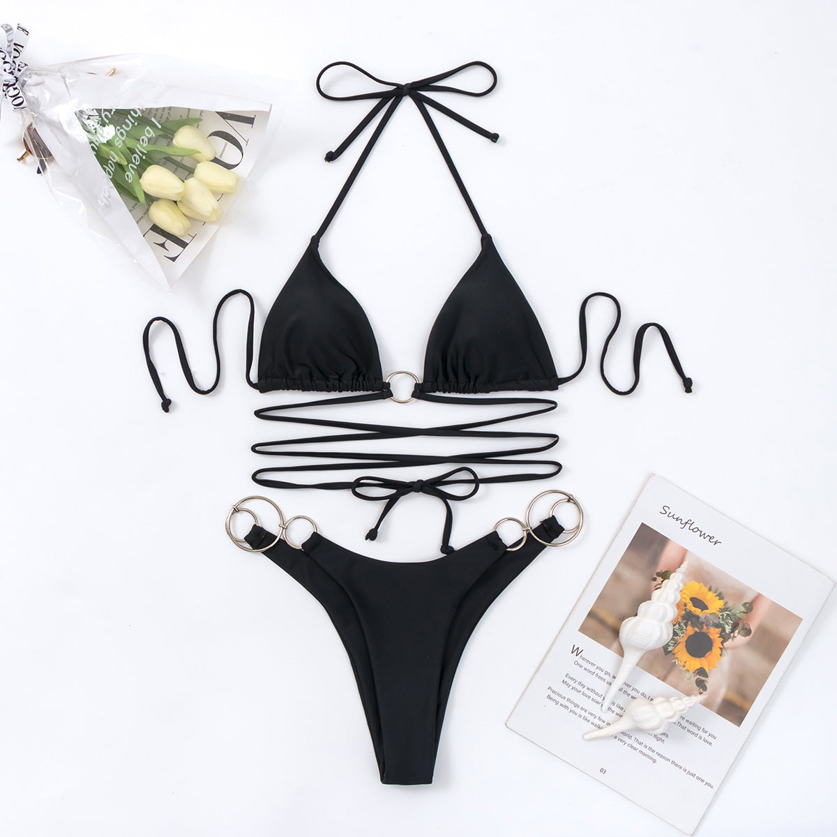Women's Solid Color Metal Ring Long Strap Split Bikini Swimsuit Set 8e1f751d b974 433d b3d4 23413e3fe933