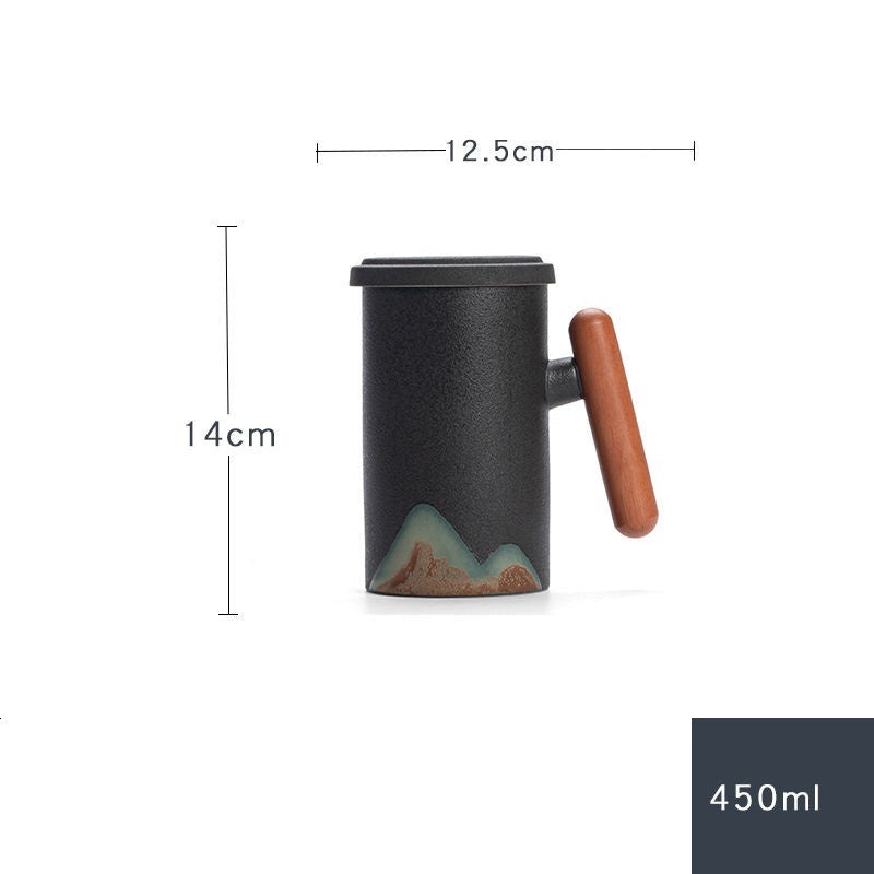 Factory Creative Yuanshan Hand-painted Mug Wooden Handle Ceramic Tea Cup With Lid Filter Three-piece Office Home 8e7505f8 89f