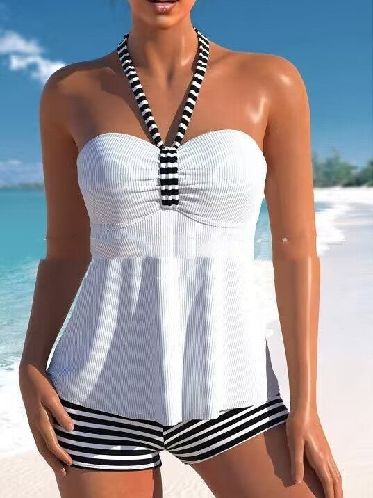 Solid Color Black And White Striped Off-shoulder Swimsuit Suit 8e9a34dc 15da 485c bad7 829279c47edc