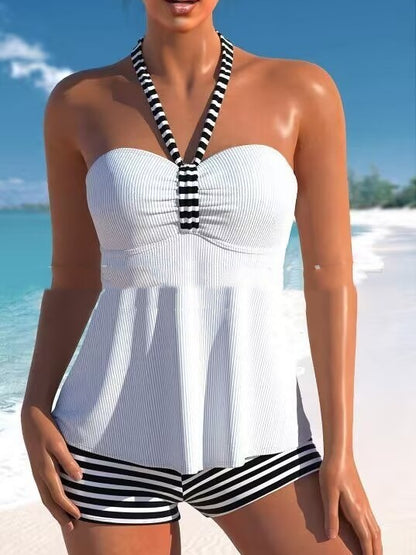Solid Color Black And White Striped Off-shoulder Swimsuit Suit 8e9a34dc 15da 485c bad7 829279c47edc