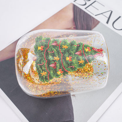 Christmas Tree Cups Heat Resistant Double Layer Flowing Sequins Christmas Cup Household Handwork Cartoon Christmas Trees Tumb