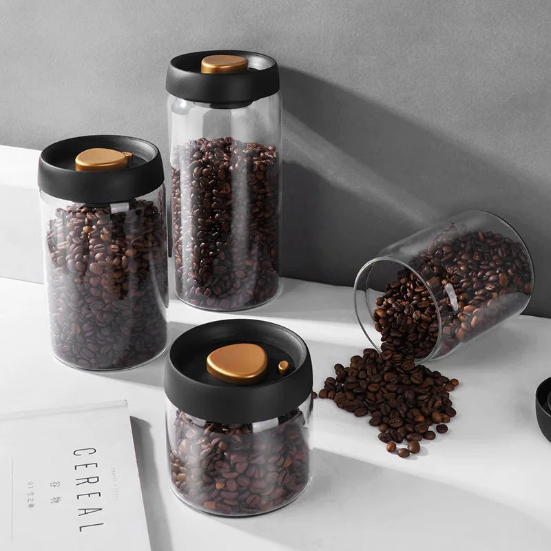 Vacuum Sealed Jug Set Black Coffee Beans Glass Airtight Canister Kitchen Food Grains Candy Keep Good Storage Jar Set Kitchen 