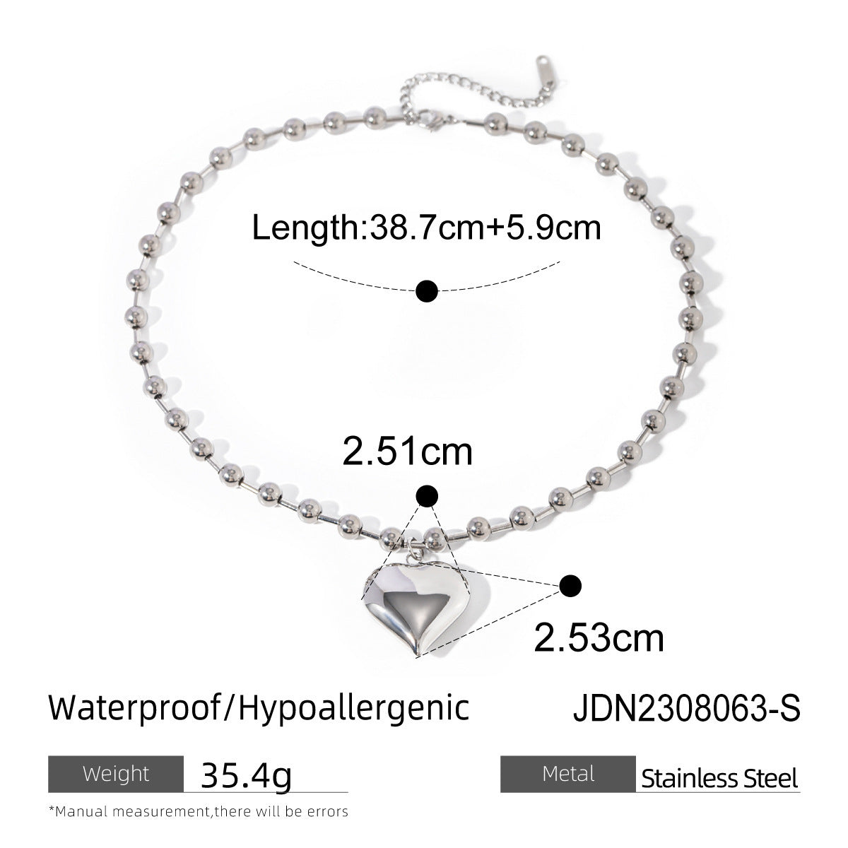 Three-dimensional Peach Heart Pendant Round Beads Stainless Steel Necklace 8f4fd616 1074 4764 8656 5f0ebd797518