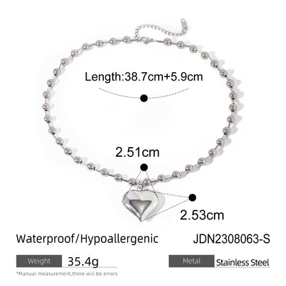 Three-dimensional Peach Heart Pendant Round Beads Stainless Steel Necklace 8f4fd616 1074 4764 8656 5f0ebd797518