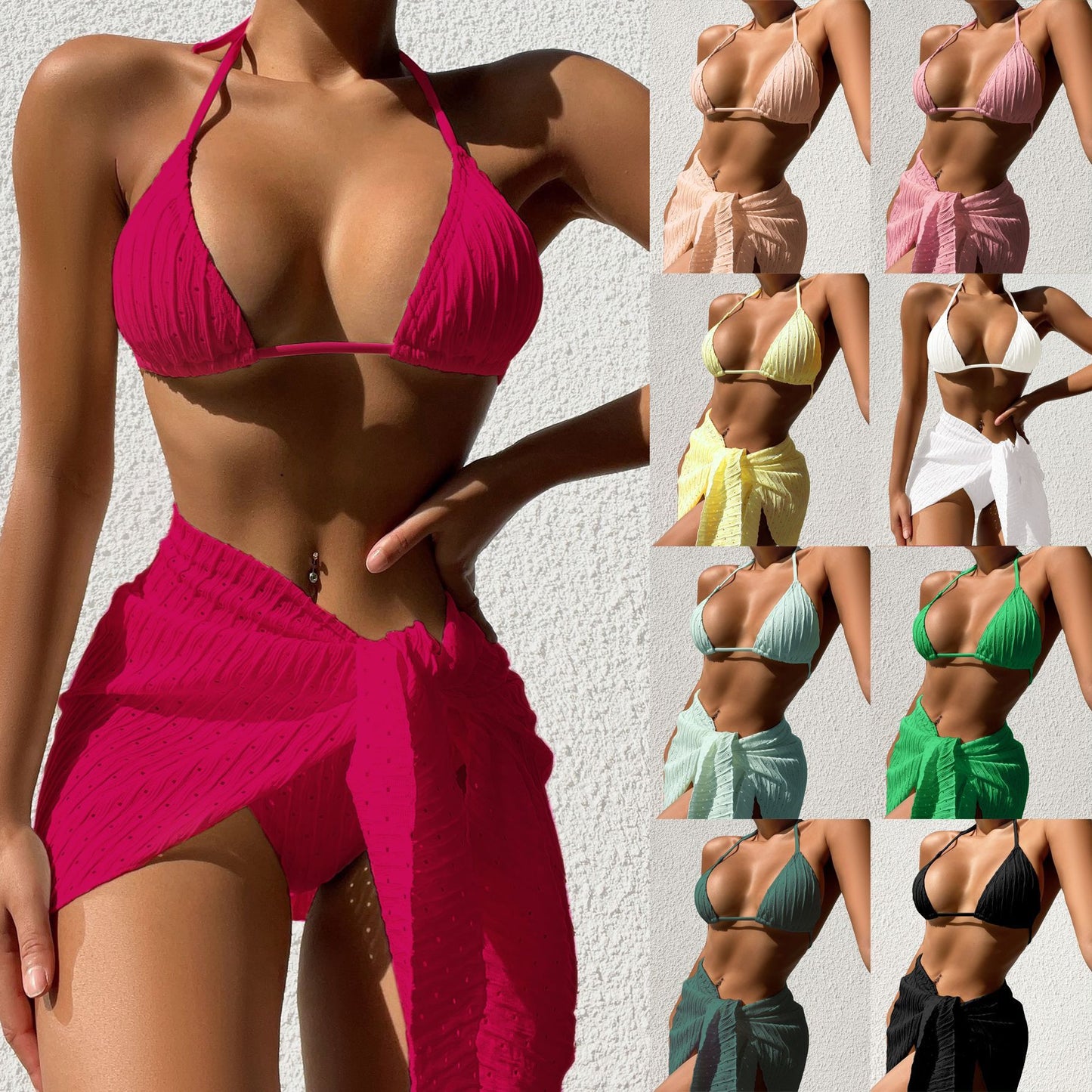 3pcs Halterneck Swimsuit Set Beach Solid Color Sexy Backless Bikini With Mesh Skirt Summer Womens Clothing - HD Wireless Product #1