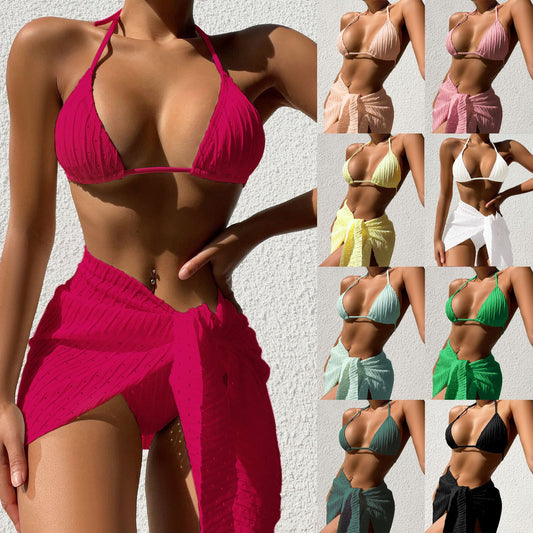 3pcs Halterneck Swimsuit Set Beach Solid Color Sexy Backless Bikini With Mesh Skirt Summer Womens Clothing - HD Wireless Product #1