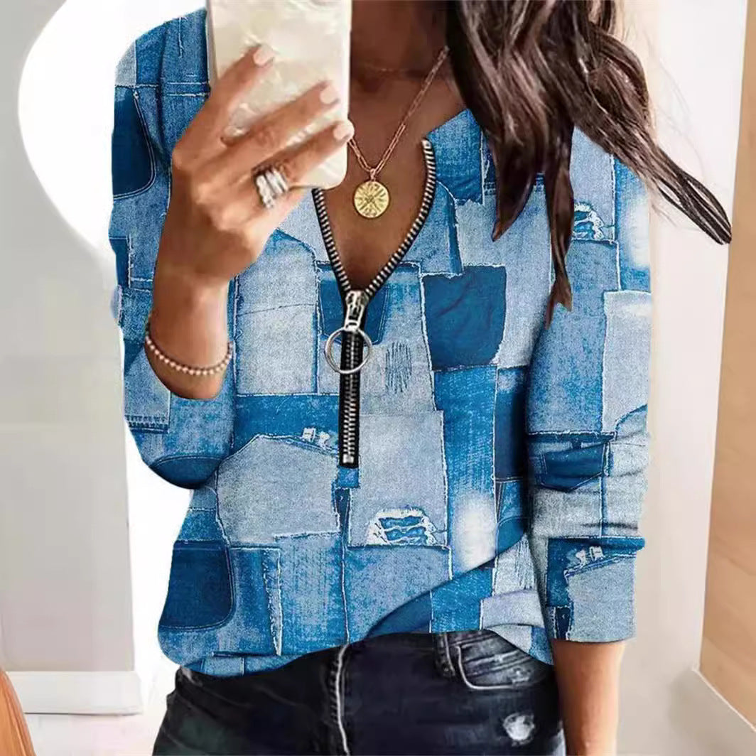 Fashion Printed Long-sleeve Zipper New Casual Women's Top 8f9d1852 c502 4bf0 a55c b9519b1dd4fb