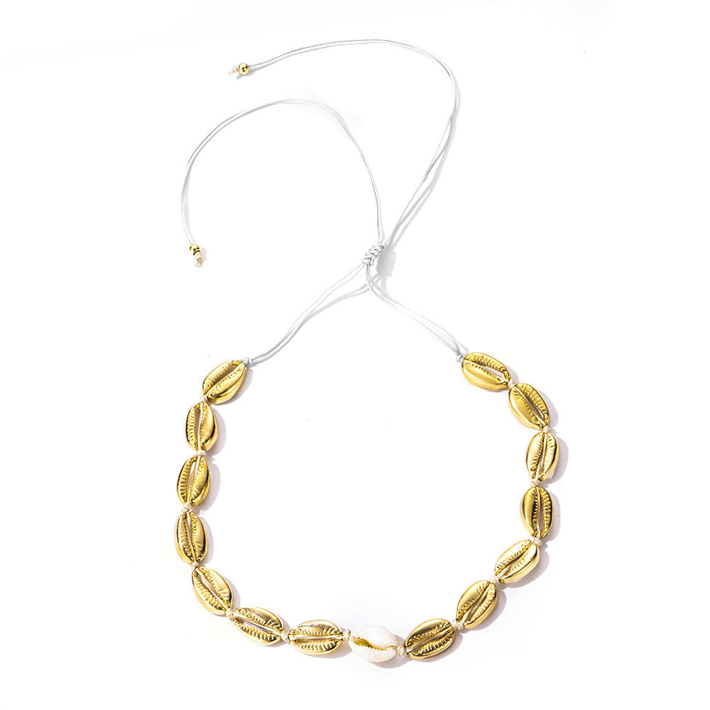 Gold alloy natural shell handmade knotted necklace 905327604195