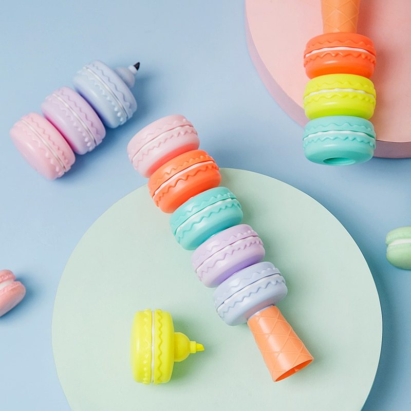 6pcs Novelty Cookie Highlighter Pen Set Macaron Cake Fluorescent Color Marker Liner - 图片 6