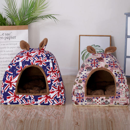 Pet Kennel House Winter Warm Rabbit Ears Cat Litter Pad Closed Yurt 910270336537