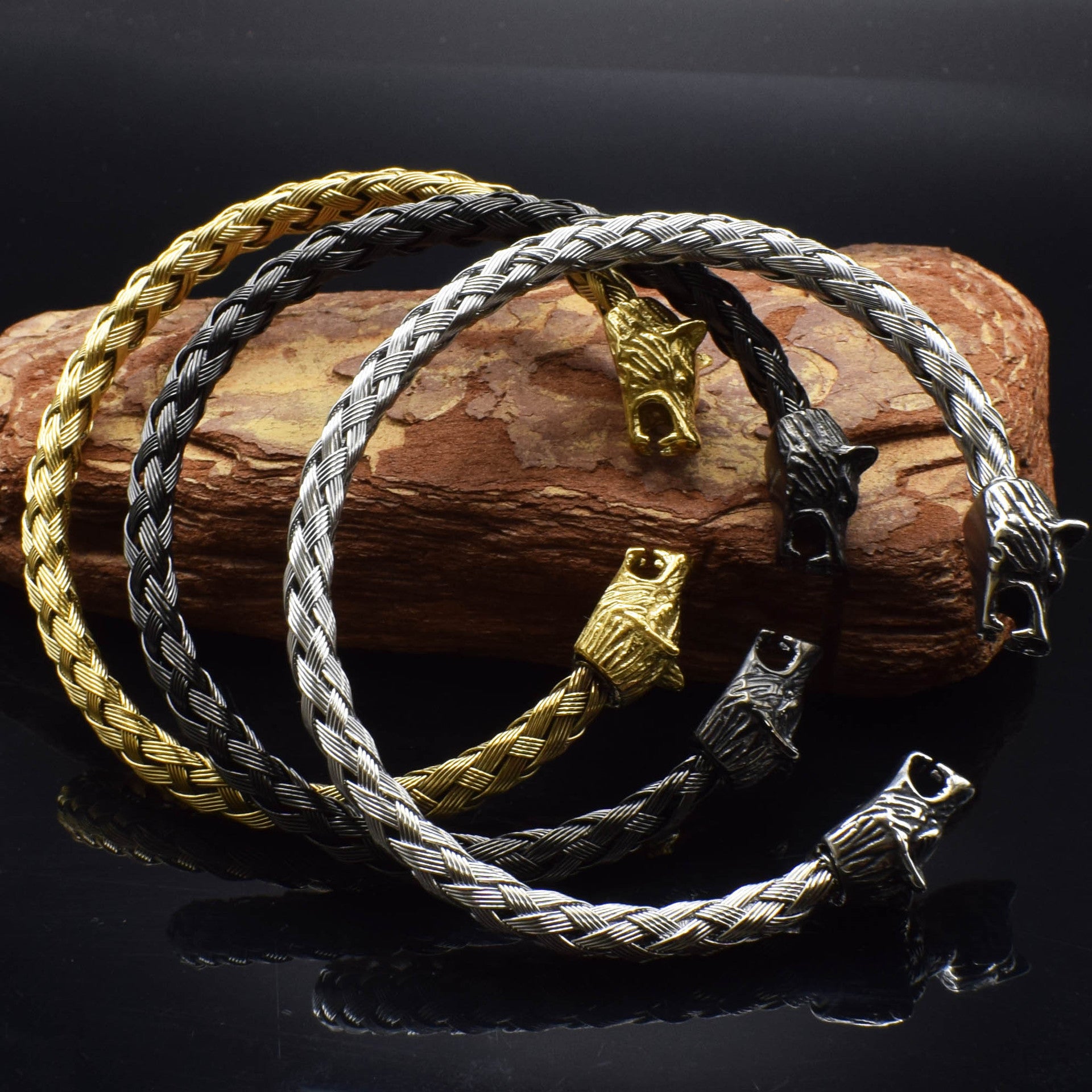 Stainless Steel Viking Wolf Head Opening Braided Bracelet 924b1eb8 ccd0 49a1 9094 04d5cd07c29b