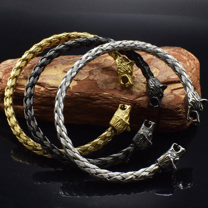 Stainless Steel Viking Wolf Head Opening Braided Bracelet 924b1eb8 ccd0 49a1 9094 04d5cd07c29b
