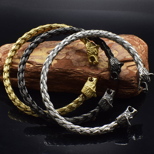 Stainless Steel Viking Wolf Head Opening Braided Bracelet 924b1eb8 ccd0 49a1 9094 04d5cd07c29b