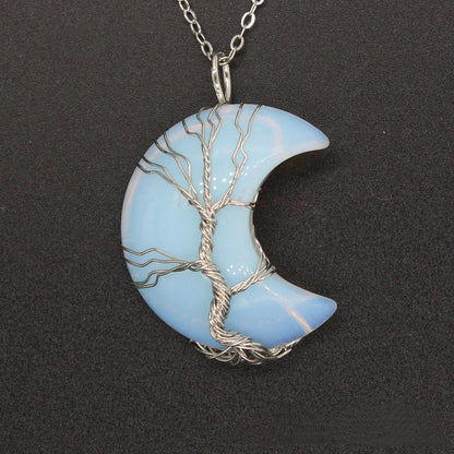 Cross-Border New Handmade Necklace Jewelry Moon Natural Crystal Stone Tree Of Life Jewelry Pendant Necklace Accessories 92d01